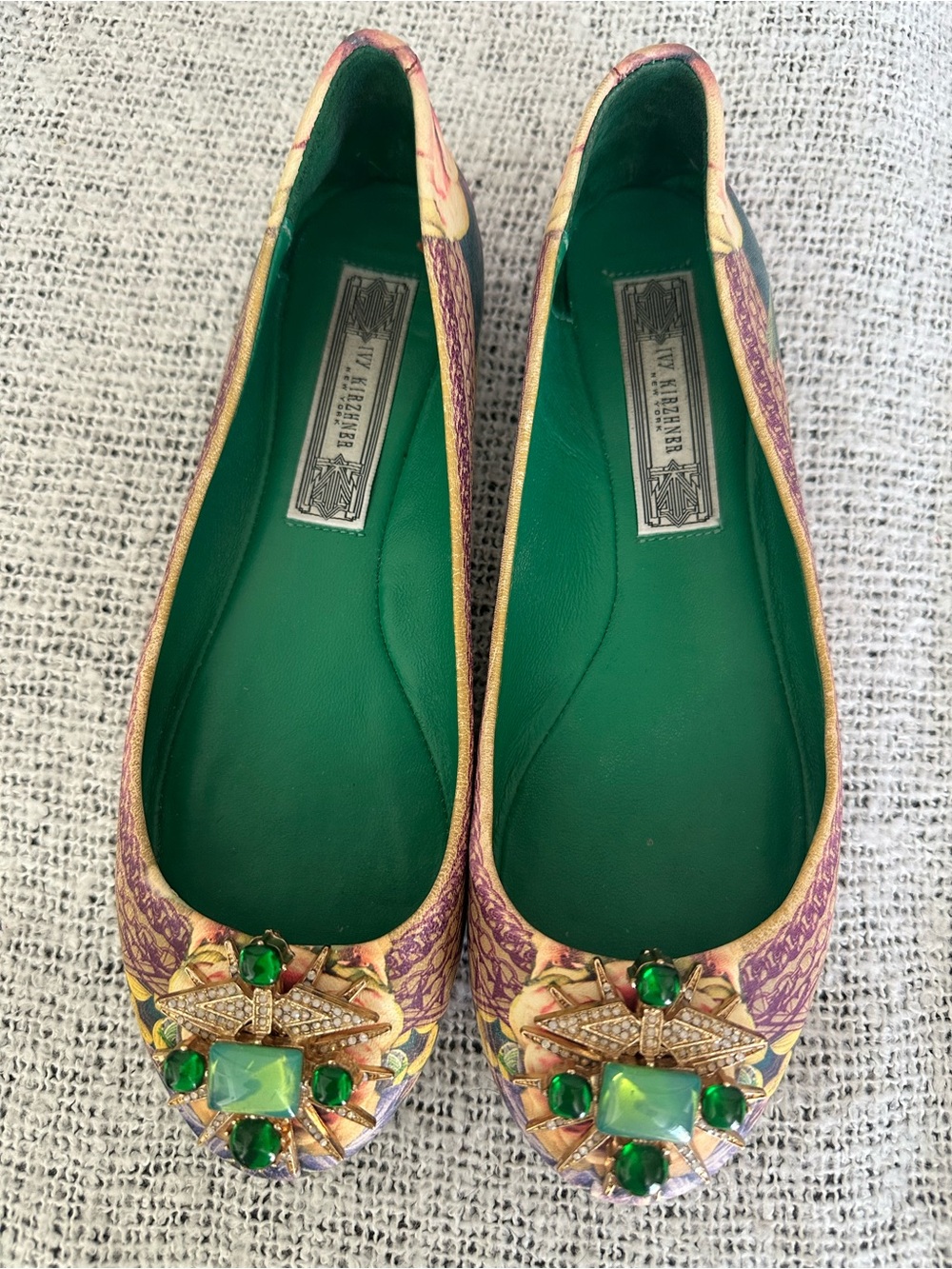 Ivy Kirzhner Floral Flats with Green Gem Accents